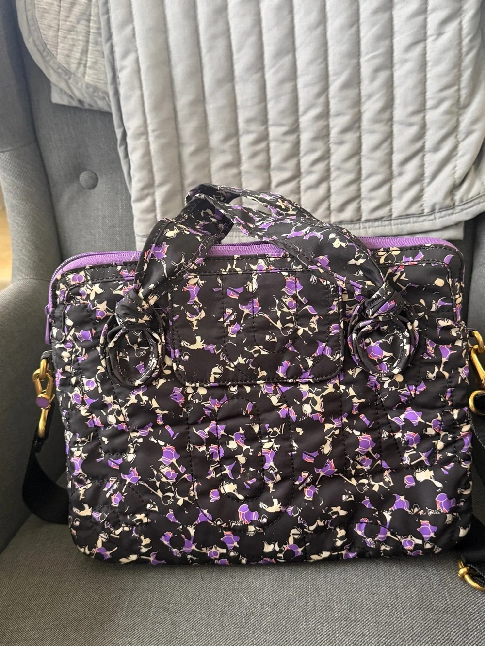Marc by Marc Jacobs Black Quilted Floral Laptop Tote with Purple Accents